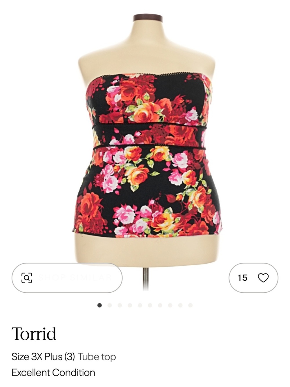 torrid Plus Size 3X Black Strapless Floral Tube Top with Red & Pink Roses
